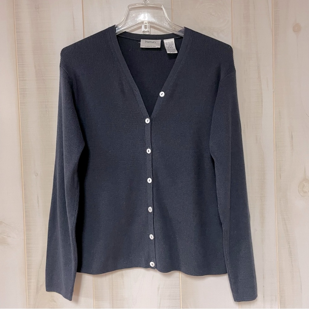Kevo Collection Navy Blue Silk And Cashmere Ribbed Button Cardigan Sz M